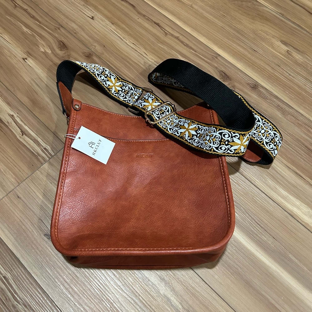 HKCLUF Camel Brown Leather Crossbody Bag 2 Straps and Matching Personal Bag